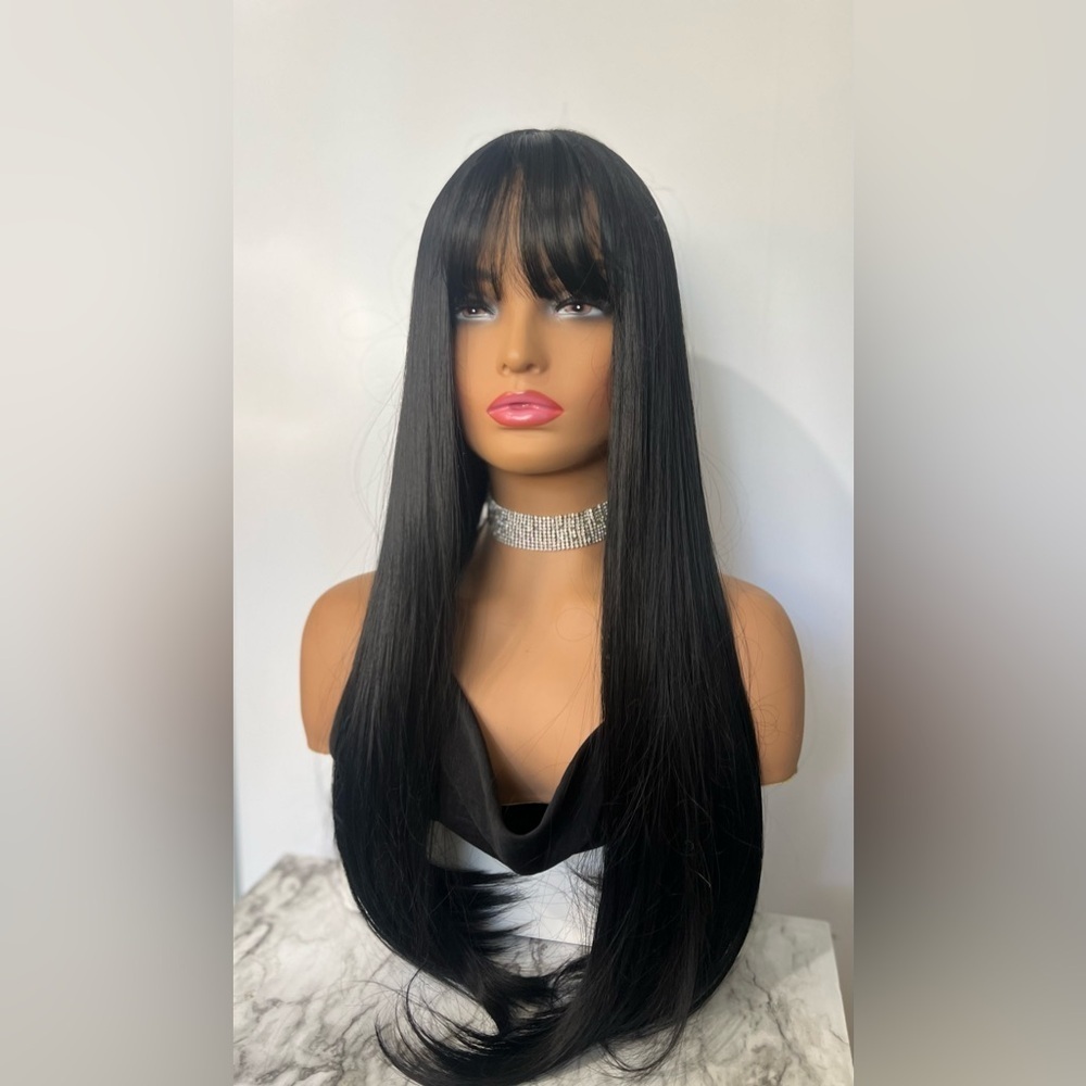 33 Inch Long Black Wig With Bangs Thick beautiful Straight Hair